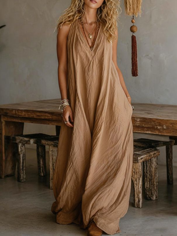 Women's Casual Sleeveless Long Dress With Pockets Loose Fit Cotton Linen Blend New_ecoleips.com