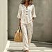 Women's Casual Cotton Linen Set V Neck Button up Top with Wide Leg Pants Two-Piece Fashionable European American Style_ecoleips.com