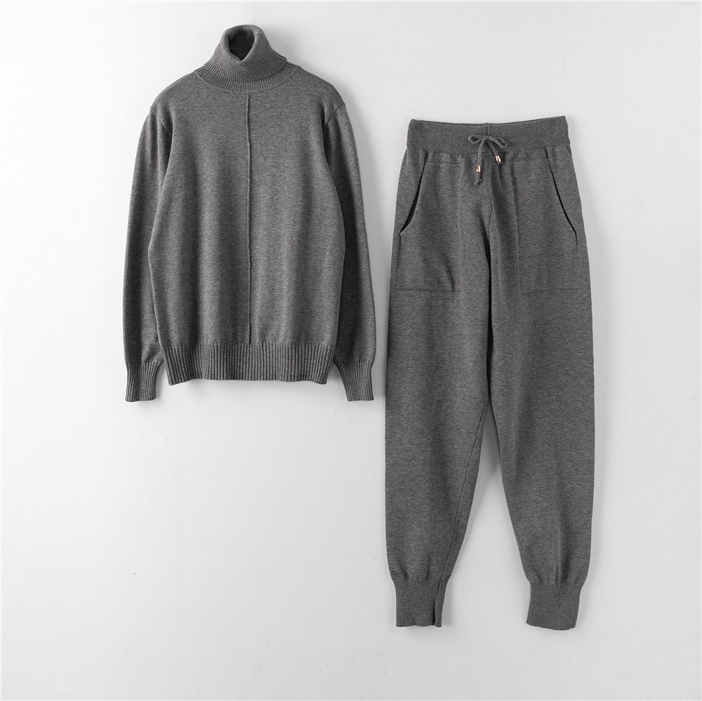Women's Knitted Pullover Sweater And Pants Set Ribbed Legs Sportswear Single Line down the Middle_ecoleips.com