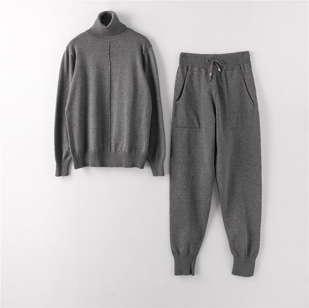 Women's Knitted Pullover Sweater And Pants Set Ribbed Legs Sportswear Single Line down the Middle_ecoleips.com