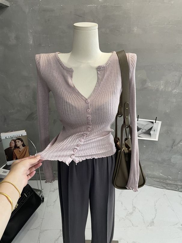 Chao Smoky Pink Sheer Thin Knitted Cardigan Gentle Style Long Sleeves Slim Fit Ruffled Trim Sun Protection Versatile Shirt_ecoleips.com