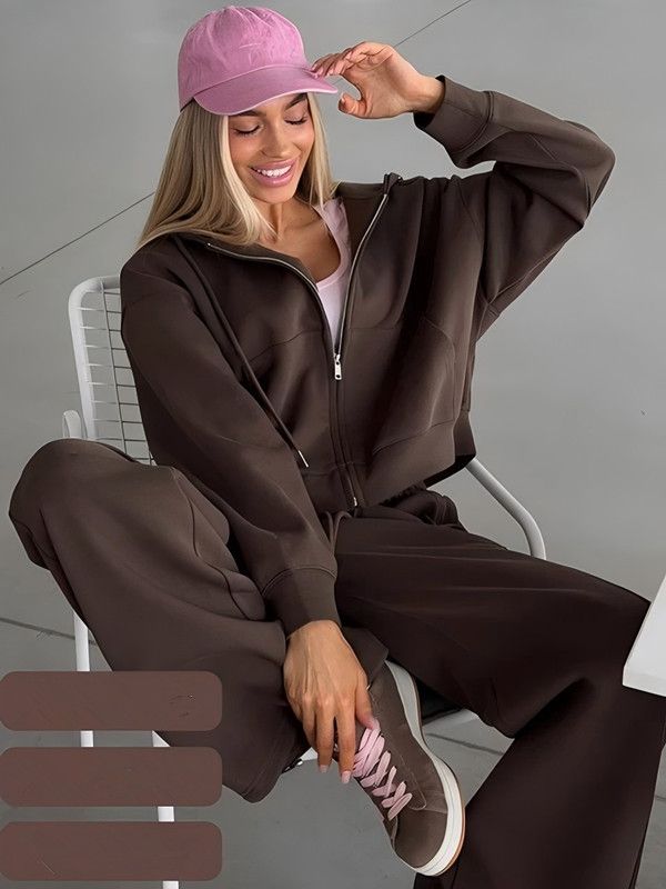 Aria Basics Aria Basics European And American Cross-border Sports Suit, Long-sleeve Zip-up Hoodie With Drawstring Pants Two-piece Set_ecoleips.com