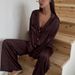 Brown Satin Comfortable Skin-Friendly Printed Long-Sleeve Long-Pants Pajama Set European And American Autumn New_ecoleips.com