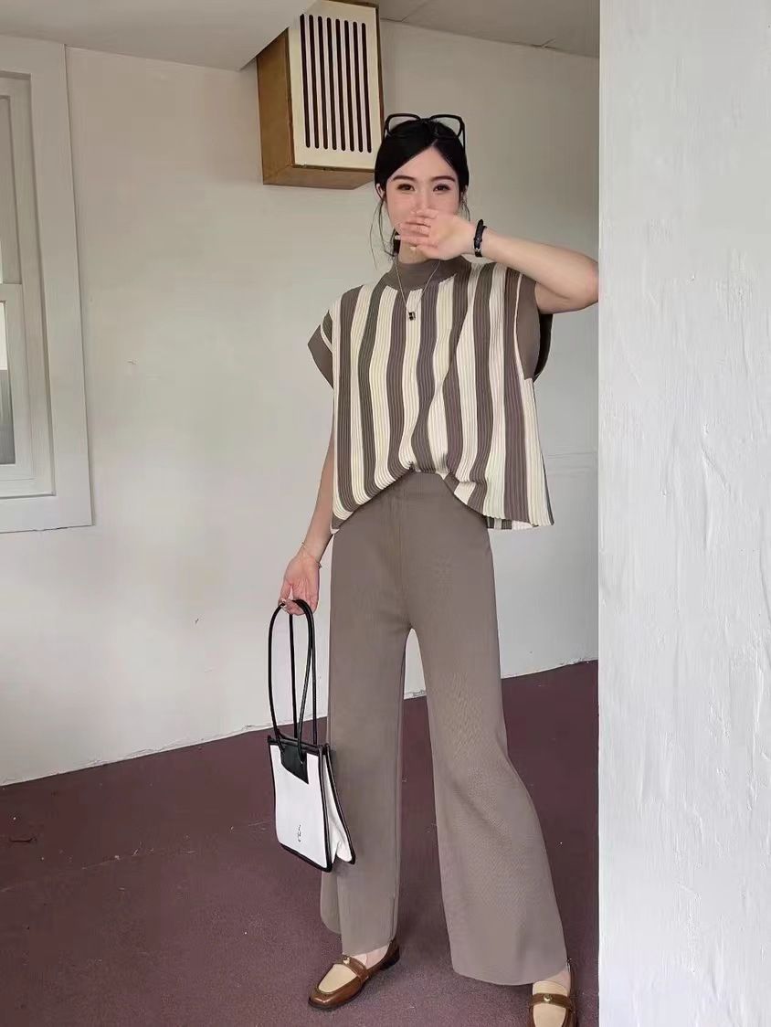 Inspired Women's Two Piece Knitted Fashion Set Elegant Sophisticated High Neck Striped Top Casual Wide Leg Pants_ecoleips.com
