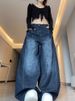 American Retro Dark Blue High-Waisted Straight-Leg Jeans For Women, Autumn And Winter High Street Design, Loose Slimming_ecoleips.com