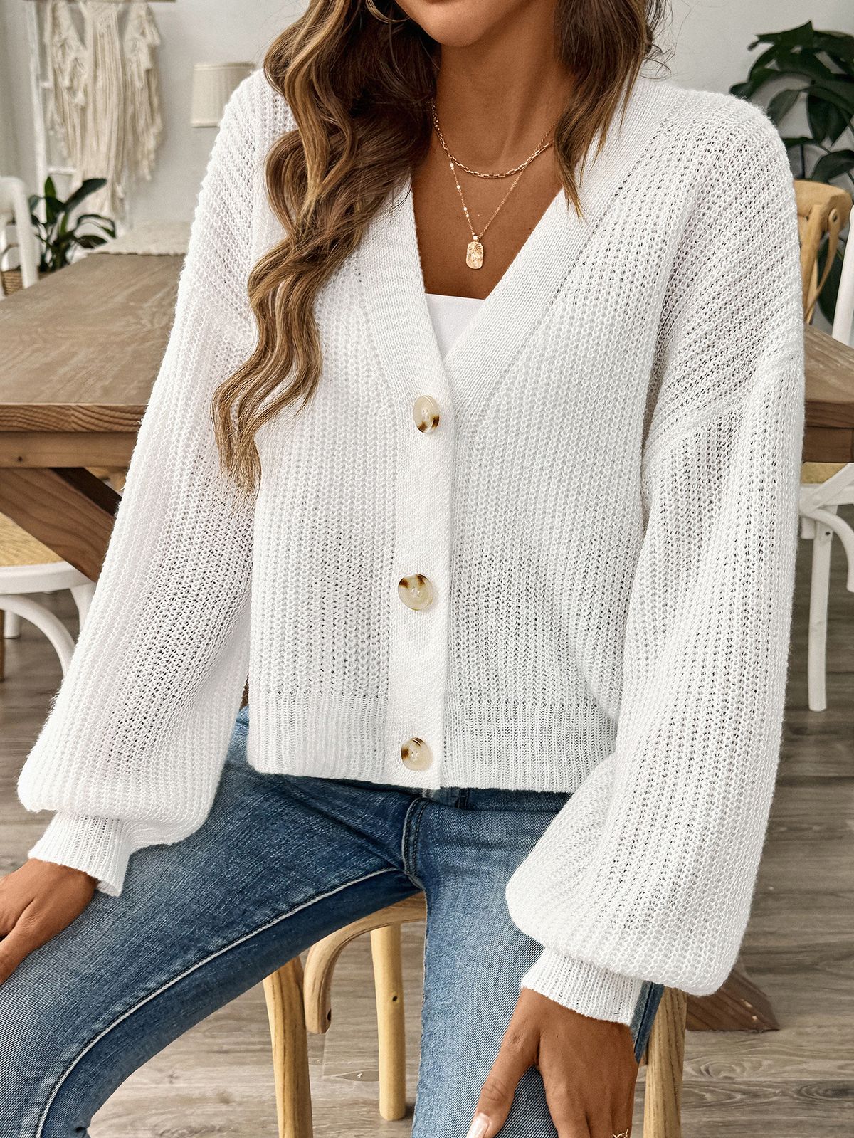 Women's Knitted Cardigan Sweater - Soft V-Neck Button Front Open Front Long Sleeve Casual Fall Winter Pullover Black White_ecoleips.com