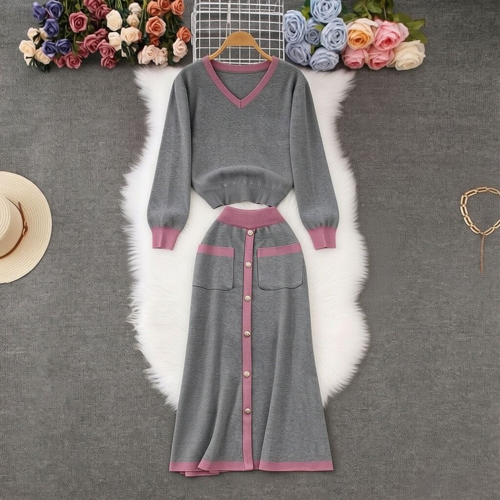 Women's Fashion Color Block V Neck Knit Top With Single Breasted Slim Fit Skirt Spring Autumn Loose Pant Set_ecoleips.com