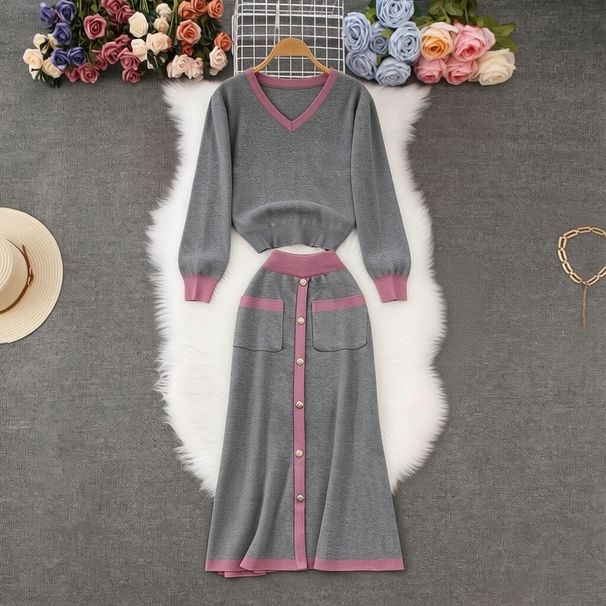 Women's Fashion Color Block V Neck Knit Top With Single Breasted Slim Fit Skirt Spring Autumn Loose Pant Set_ecoleips.com