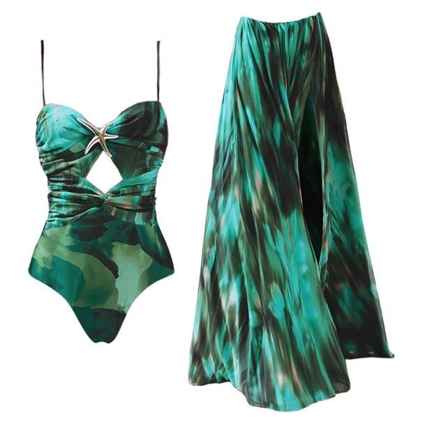 Women's Clothing New Green Ink Print Hollow Swimsuit And Split Umbrella Skirt Holiday Suit_ecoleips.com