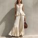 Women's Linen Ruffled Wide Leg Pants V Neck Button Up Top Resort Fashion Set New_ecoleips.com