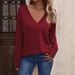 Spring Solid-Color V-Neck Loose Long-Sleeved T-Shirt Buttons For Women's Clothing_ecoleips.com