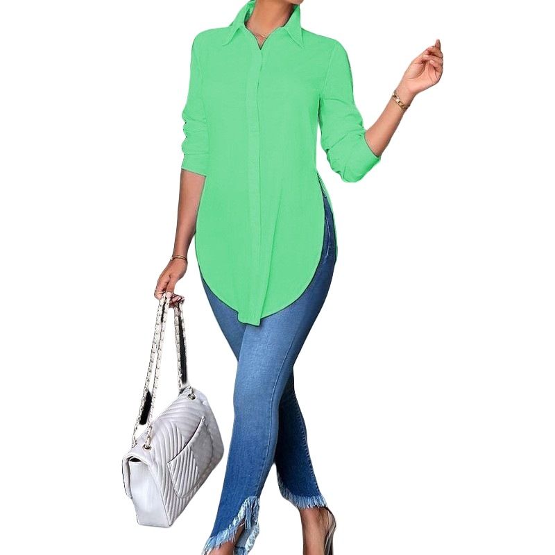 Spring/Summer Pure Color Flannel Collar Loose-Fitting Long-Sleeve Fashionable Versatile Cardigan Stylish Commute Shirt_ecoleips.com