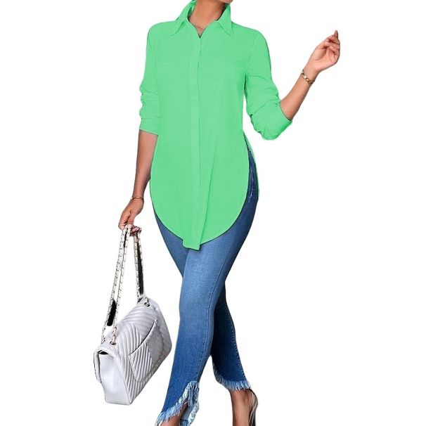 Spring/Summer Pure Color Flannel Collar Loose-Fitting Long-Sleeve Fashionable Versatile Cardigan Stylish Commute Shirt_ecoleips.com