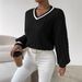 Chic Contrast Cable Knit Sweater For Women - Oversized V-Neck Long Sleeve Pullover With Lantern Sleeves, Soft Acrylic Blend, Autumn Winter Essential_ecoleips.com