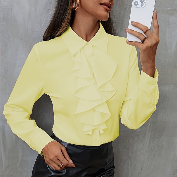 Verve Loose Chiffon Shirt For Women, White Long Sleeve Blouse, New Fashionable Professional Wear With Ruffled Edges_ecoleips.com