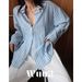 Wuu2 Endless Summer Soft Blue Striped Cotton Linen For Women, Lazy French Casual Loose Vintage Shirt_ecoleips.com