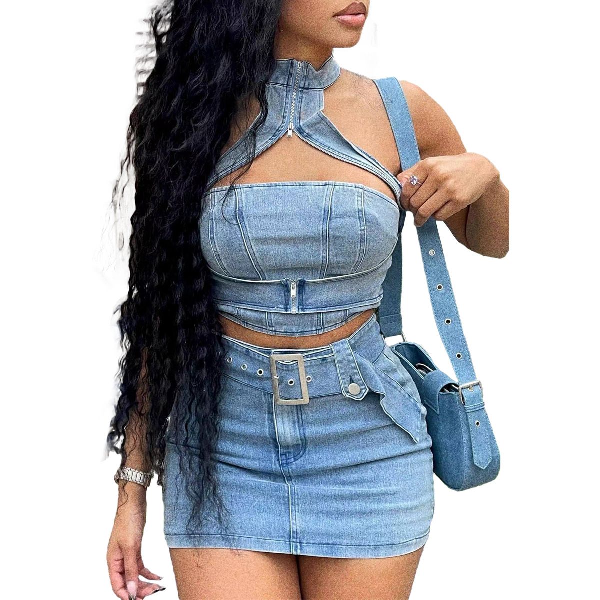 NY8163 Washed Stretch Denim Skirt Set Halter Neck Zipper Casual European And American Style Women's Clothing_ecoleips.com