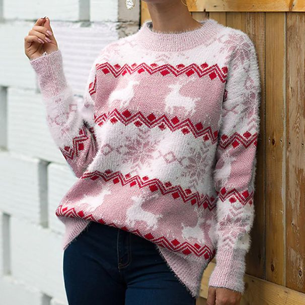 Cozy Christmas Deer Jacquard Knit Sweater Women's Loose Round Neck Casual Pullover Soft Yarn Top_ecoleips.com