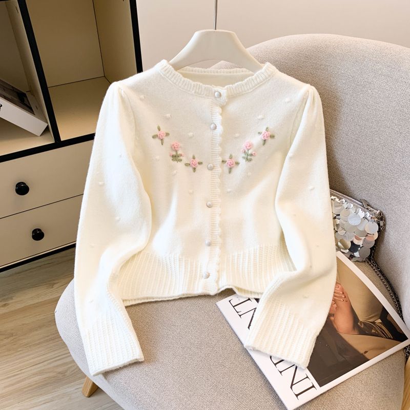 Women's Clothing Style Women's Sweater Cardigan Soft Cozy Floral Embellished 3D Round Neck Top For Autumn Winter Fashion_ecoleips.com