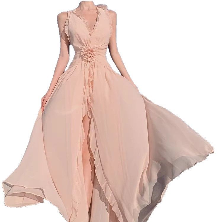 Women's Elegant V Neck Halter Ruffled Backless Flowy Maxi Dress – Beach Resort Gown_ecoleips.com