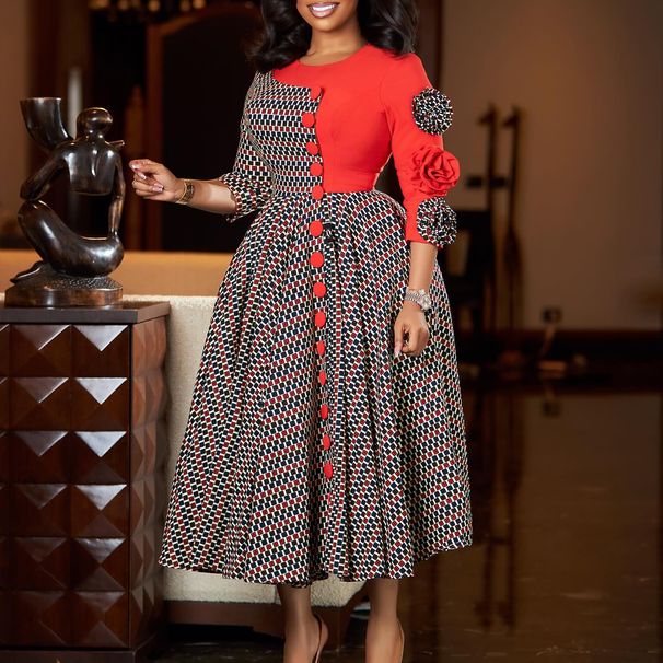 Women's Elegant Print-Paneled Dress | Afro-Chic Short Sleeve A-Line Midi Dress | High Waist Floral & Geometric Fusion (Red/White/Blue, S-XXXL)_ecoleips.com