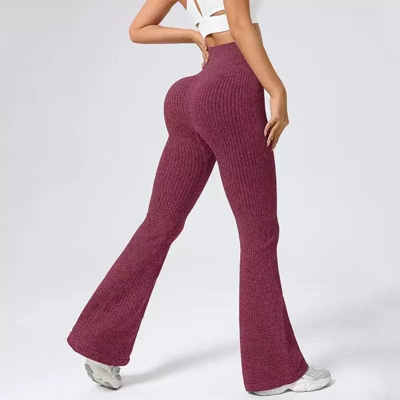 Women's Clothing Women's High-Waisted Flared Pants Solid Color Seamless Ribbed Knit Yoga Trousers Slimming Versatile_ecoleips.com