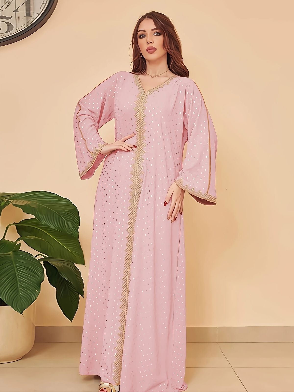 Women's Clothing Gold Stamped Dubai Long Robe Dress_ecoleips.com