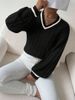 Chic Contrast Cable Knit Sweater For Women - Oversized V-Neck Long Sleeve Pullover With Lantern Sleeves, Soft Acrylic Blend, Autumn Winter Essential_ecoleips.com