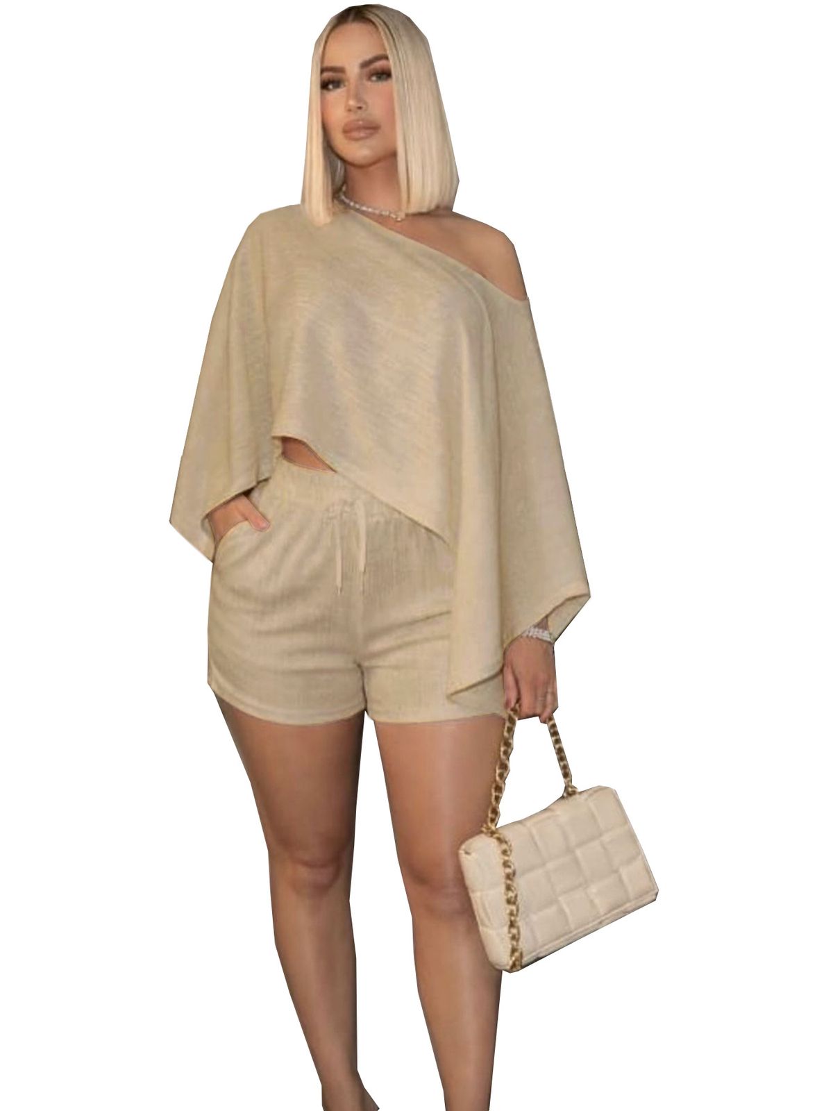 Women's Elegant Off-Shoulder Vacation Set Solid Color European And American Style Loose Top And Shorts Casual Two-Piece Outfit_ecoleips.com