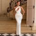 Satin Off-Shoulder Long Dress European American Style Asymmetrical Pleated Waist Fishtail Draped Skirt Hollow out Detail_ecoleips.com