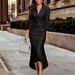 Temperament Elegant Solid Color Long-sleeved V-neck Satin Dress_ecoleips.com