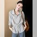 Korean-style Design Cotton-linen Drawstring Waist Striped Shirt Women, Simple Versatile, Elegant And Loose-fitting Top_ecoleips.com