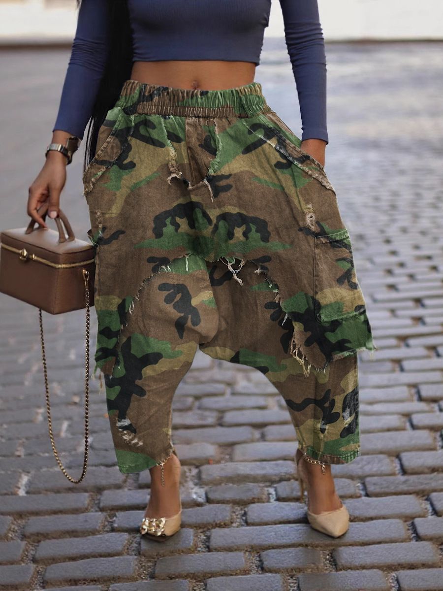 Women's Clothing Trendy Camouflage Ripped Harem Pants For Women Loose Street Style Drop Crotch Distressed And Ripped_ecoleips.com