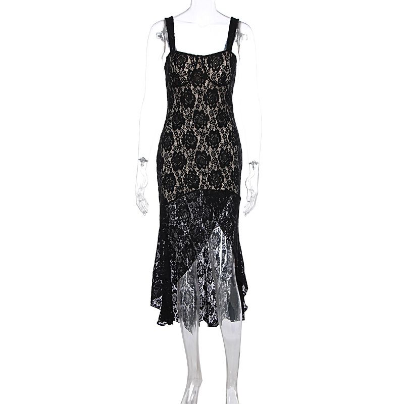 Women Fashion Sexy Lace Suspender Dress Slim Fitting See Through Slit High End Elegant Temperament Dress For Ladies_ecoleips.com