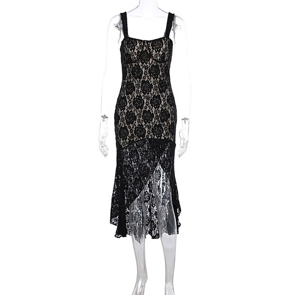 Women Fashion Sexy Lace Suspender Dress Slim Fitting See Through Slit High End Elegant Temperament Dress For Ladies_ecoleips.com