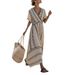 Women's Clothing V Neck Dress Striped Pattern Pleated Sleeves Full Skirt Fashion Summer Vacation_ecoleips.com