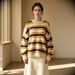 European American Retro Color Block Striped Loose Knit Sweater Women's Soft Skin Friendly Warm Drop Shoulder Oversized Pullover_ecoleips.com