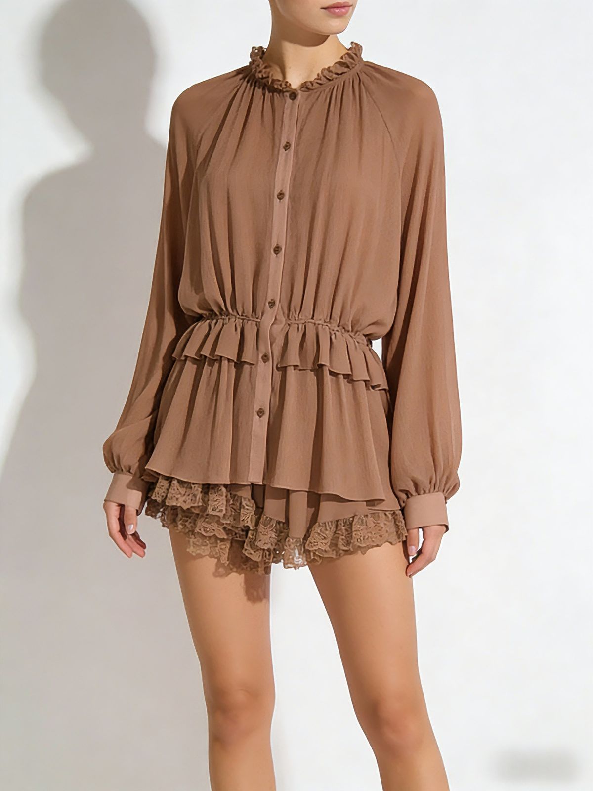 New European American Cross-border Foreign Trade Women's Clothing Long-sleeve Ruffled Waist Top And Shorts Casual_ecoleips.com