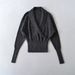 Women's V-Neck Knit Sweater Korean Style Slim Fit Long Sleeve Pullover Soft Ribbed Waist Crossover Design_ecoleips.com