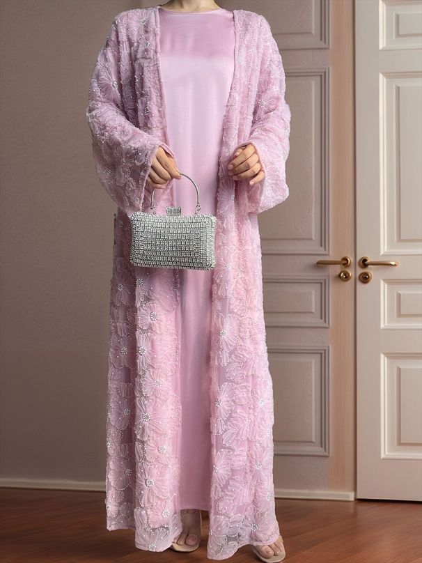 Modest Abaya Dress 2-Piece Set – Sheer Floral Beaded Jacket & Satin Slip Dress, Elegant Layered Outfit For Parties & Evening Wear_ecoleips.com
