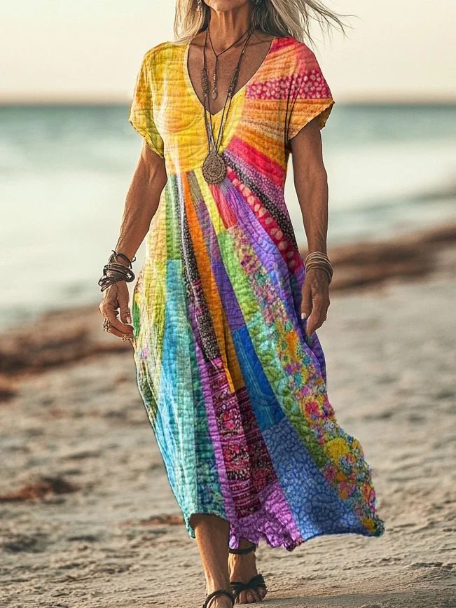 Creative Floral Women's Summer Dress With V-Neck And Short Sleeves, Available In Medium-Length Styles_ecoleips.com