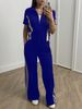 Women's Commuter Casual Two Piece Set Zippered Short Sleeve Top Elastic Waist Straight Leg Pants With Pocket_ecoleips.com