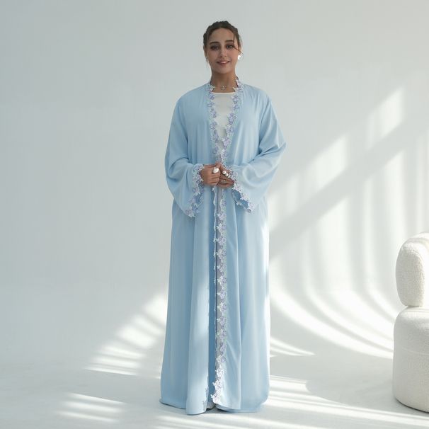 Voya Women's Elegant Chiffon Kaftan Cardigan - Long Open Front Robe With 3D Floral Applique Trim, Blue Beach Cover Up, Summer Evening Wear_ecoleips.com