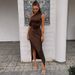 Women's Clothing Long Dress Casual Oblique Collar Sleeveless Gathered One Shoulder Dress_ecoleips.com