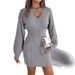 Women's Autumn And Winter Solid Color Twist Openwork Lantern Sleeve Hip Wrap Sweater Dress Dress_ecoleips.com