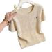Women's Romantic Heart Embroidery Cable Knit Short Sleeve T-Shirt Soft Casual Top for Youthful Style_ecoleips.com
