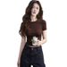Premium Front Shoulder Brown T-shirt Women's Short Sleeve 2026 New Inner Base Slim Ins Early Spring Temperament Top_ecoleips.com