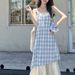 Lace Patchwork Plaid Camisole For Women 2024 Summer New Fresh Loose Slimming Two-in-One Dress_ecoleips.com