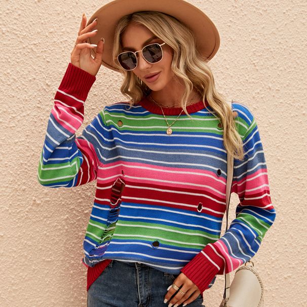 Women's Striped Knit Sweater Long Sleeve Round Neck Oversized Casual Pullover With Colorful Distressed Design_ecoleips.com