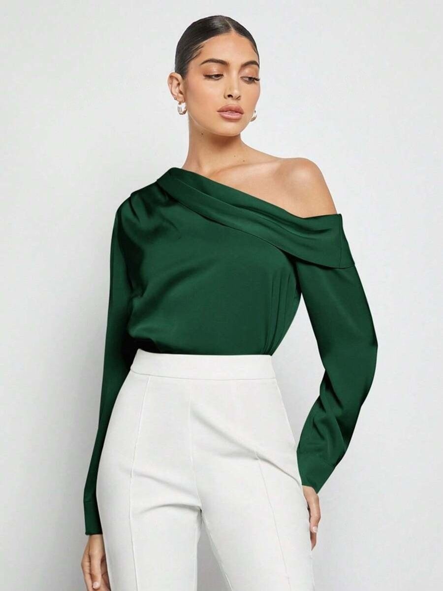 Women's Clothing Women's Pleated Satin Shirt Top Asymmetrical Off-Shoulder Long Sleeved Spring/Summer Asymmetrical Long Sleeved Shirt_ecoleips.com